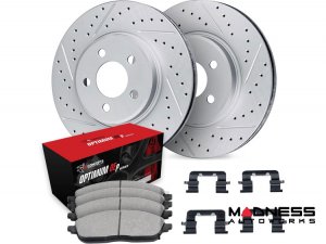 Alfa Romeo Stelvio Brake Kit - 2.0L - Front - R1 Concepts - Optimum OEp Brake Pads - GEO-Carbon Drilled + Slotted Rotors